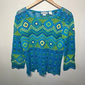 Ann Trinity Sweater Open Knit Crocheted Teal Green Retro Boho Chevron Cotton S
